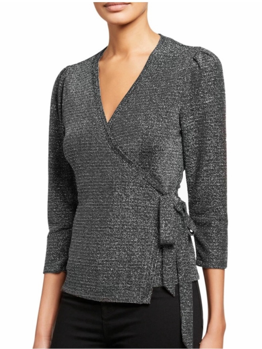 Paige Jasper Multi Metallic Wrap Top Black Silver Mix Tie Waist. Size Small